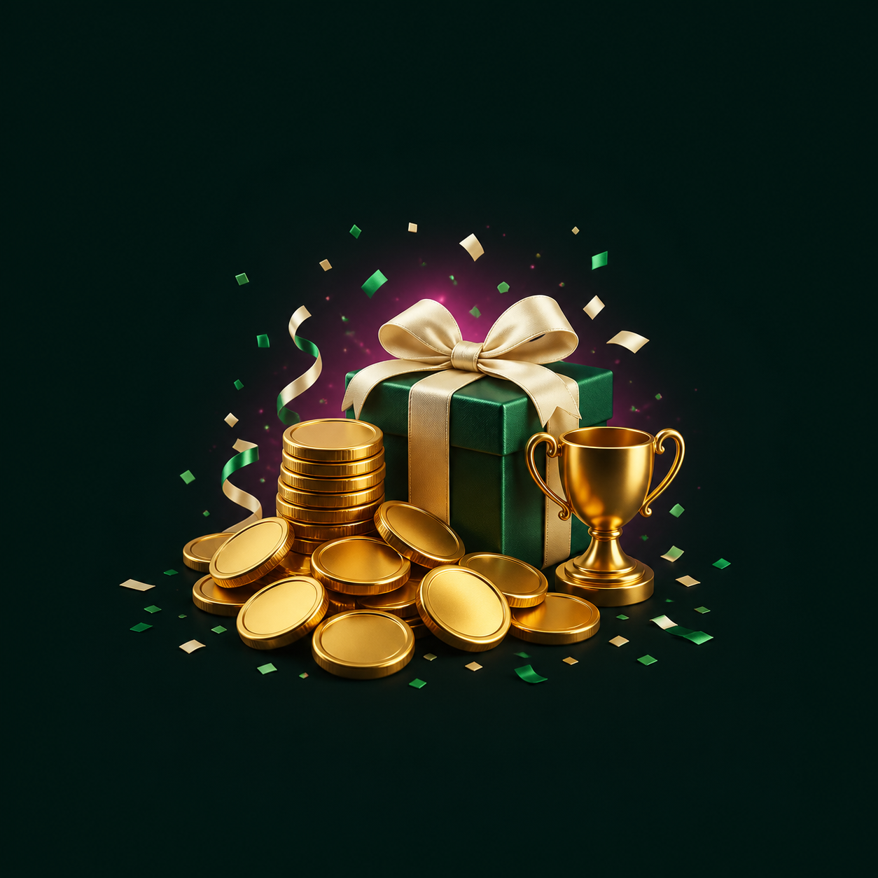 Gold digital tokens, an emerald gift box, and a celebration trophy